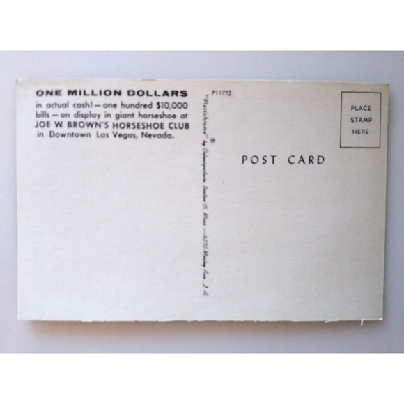 Las Vegas Joe Browns Horseshoe Club Casino Hotel Postcard Nevada One Million - Picture 2 of 2